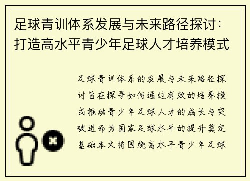 足球青训体系发展与未来路径探讨：打造高水平青少年足球人才培养模式
