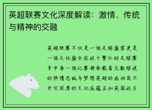 英超联赛文化深度解读：激情、传统与精神的交融