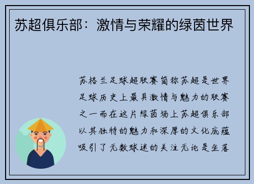 苏超俱乐部：激情与荣耀的绿茵世界